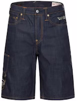 EVISU SS23 Washed Denim Blue Shorts with Floral Embroidered Pocket. 2ESHTM3DS177XXCT EVISU SS23 Washed Denim Blue Shorts with Floral Embroidered Pocket. 2ESHTM3DS177XXCT