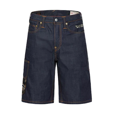 EVISU SS23 Washed Denim Blue Shorts with Floral Embroidered Pocket. 2ESHTM3DS177XXCT