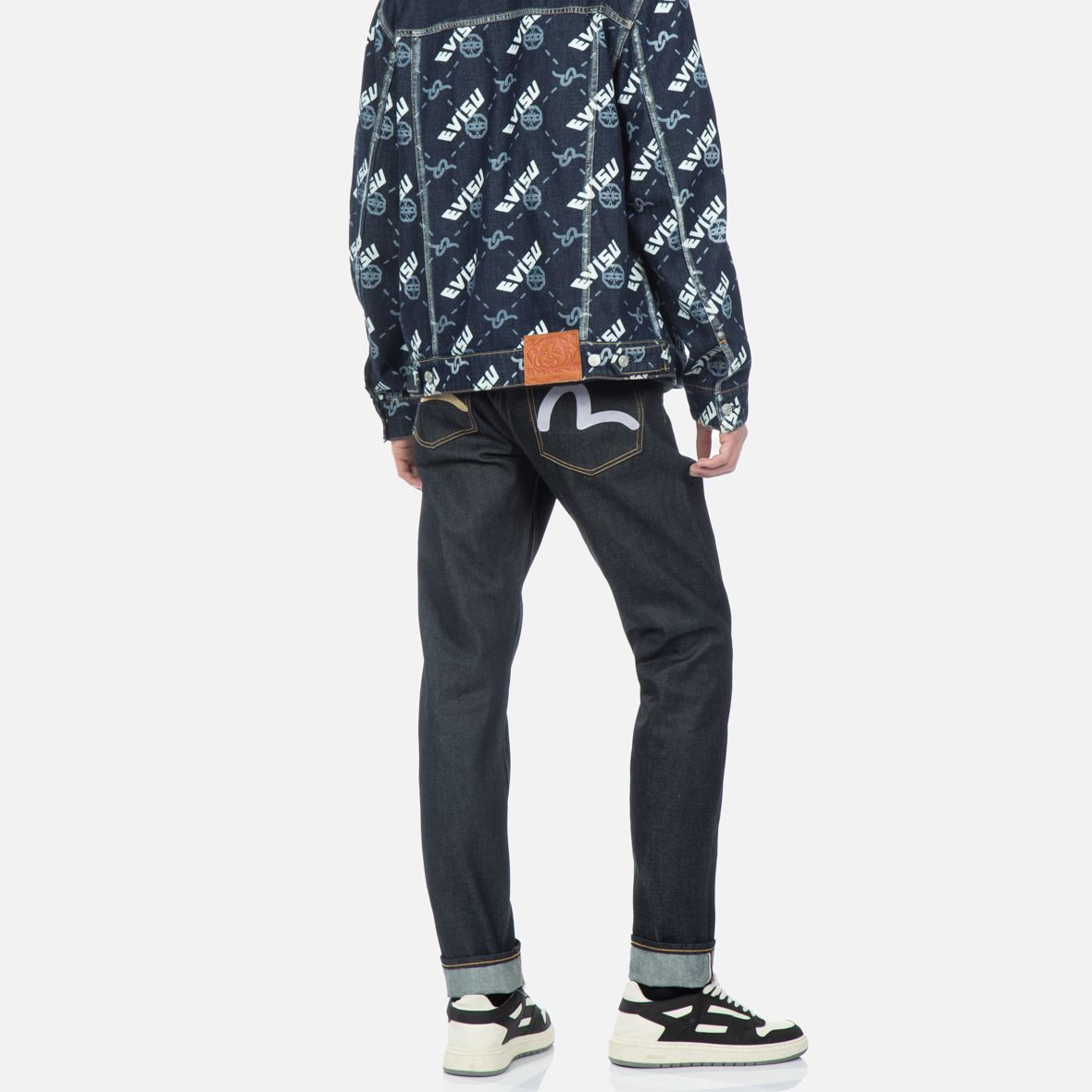 Shop EVISU SS23 深藍色海鷗印花牛仔扣襠褲 2ESHTM3JE14117CT