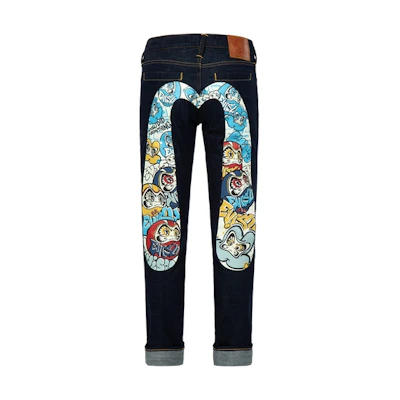 EVISU SS23 Graffiti Daruma Skinny Fit Jeans Denim Blue 2ESHTM3JE91010CT