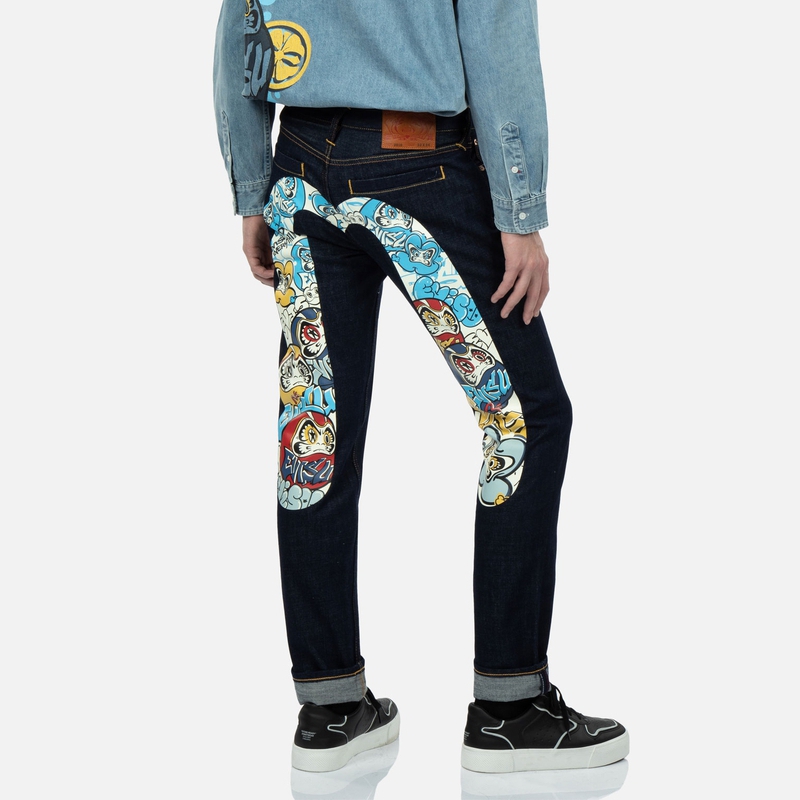 Shop EVISU SS23 塗鴉達摩修身牛仔褲 丹寧藍 2ESHTM3JE91010CT
