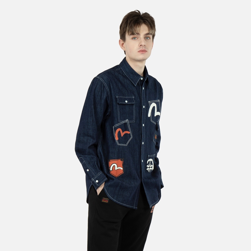 Shop EVISU SS23 Kemeja Denim Multi-Poket Biru Denim 2ESHTM3SL132RXDN