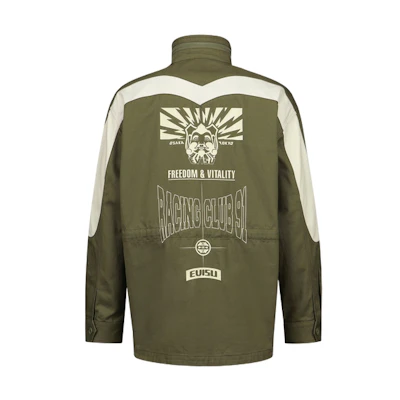 EVISU SS23 Seagull & Buddha Head Jacket in Dark Army Green. 2ESHTM3JK189LFCT