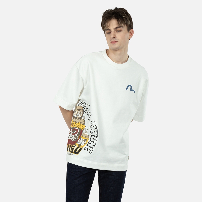 Shop EVISU SS23 Sudadera Unisex Blanca Manga Corta Estampado Gráfico Taiko Daruma 2ESHTM3SW326OSCT