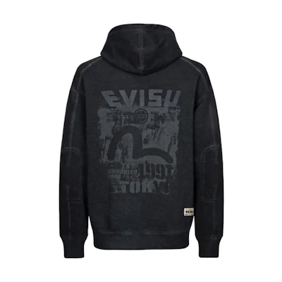 EVISU SS24 Black Hoodie with Logo Slogan & Seagull Print Detail. 2ESHTM4SW8043RXCT