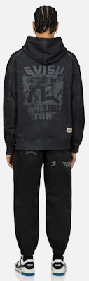 EVISU SS24 ブラックフーディー ロゴスローガン & カモメプリント付き. 2ESHTM4SW8043RXCT Details for EVISU SS24 ブラックフーディー ロゴスローガン & カモメプリント付き. 2ESHTM4SW8043RXCT