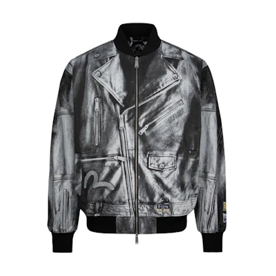 EVISU SS24 Denim Black Jacket with Big M Print and Logo Patch Design 2ESHTM4JK1011RXCT