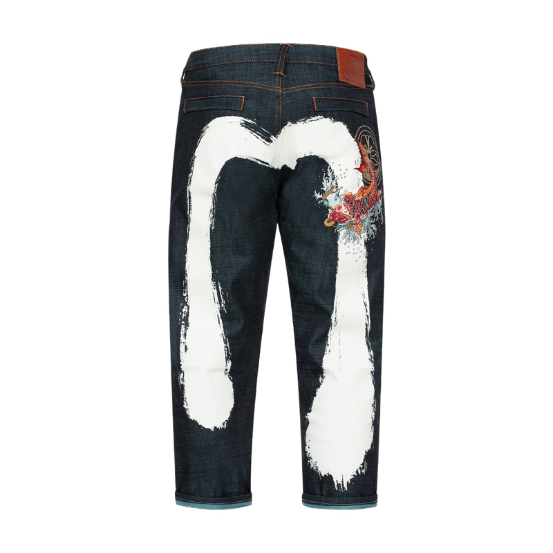 EVISU SS24  Denim Blue 3/4 Jeans with Koi Embroidery & Brushstroke M Logo. 2ESHTM4JE703527DN