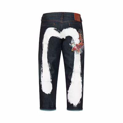 EVISU SS24 Denim Blue 3/4 Jeans with Koi Embroidery & Brushstroke M Logo. 2ESHTM4JE703527DN