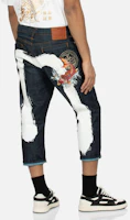 Shop EVISU SS24 Denim Blue 3/4 Jeans with Koi Embroidery & Brushstroke M Logo. 2ESHTM4JE703527DN