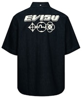 EVISU SS24 Denim Blue Short Sleeve Shirt with Logo & Floral Prints 2ESHTM4DI1018OSDN EVISU SS24 Denim Blue Short Sleeve Shirt with Logo & Floral Prints 2ESHTM4DI1018OSDN