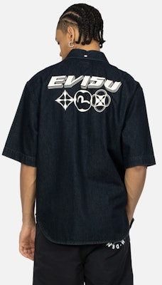 EVISU SS24 牛仔藍短袖襯衫,搭配Logo和花卉印花設計 2ESHTM4DI1018OSDN Shop EVISU SS24 牛仔藍短袖襯衫,搭配Logo和花卉印花設計 2ESHTM4DI1018OSDN