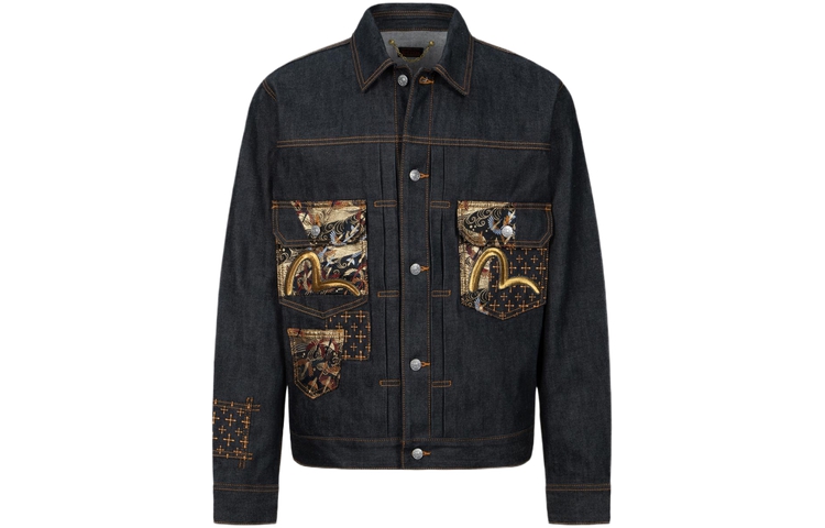 EVISU SS24  Denim Jacket Wide Fit with Seagull Embroidery in Blue. 2ESHTM4DJ7001RXDP