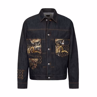 EVISU SS24 Denim Jacket Wide Fit with Seagull Embroidery in Blue. 2ESHTM4DJ7001RXDP