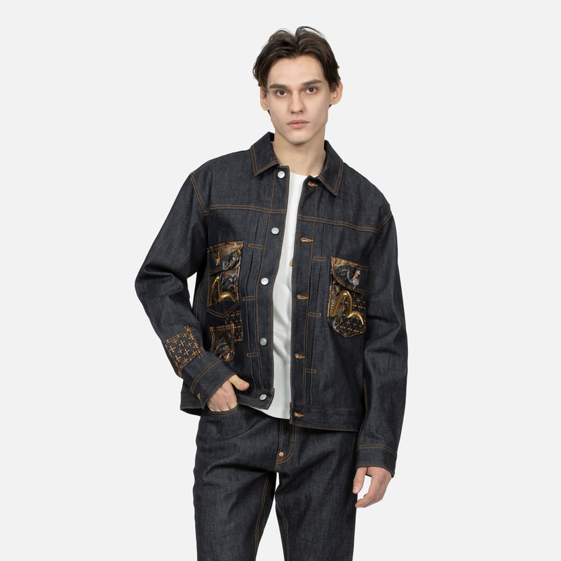 Shop EVISU SS24 寬版海鷗刺繡丹寧外套 藍色款式 2ESHTM4DJ7001RXDP