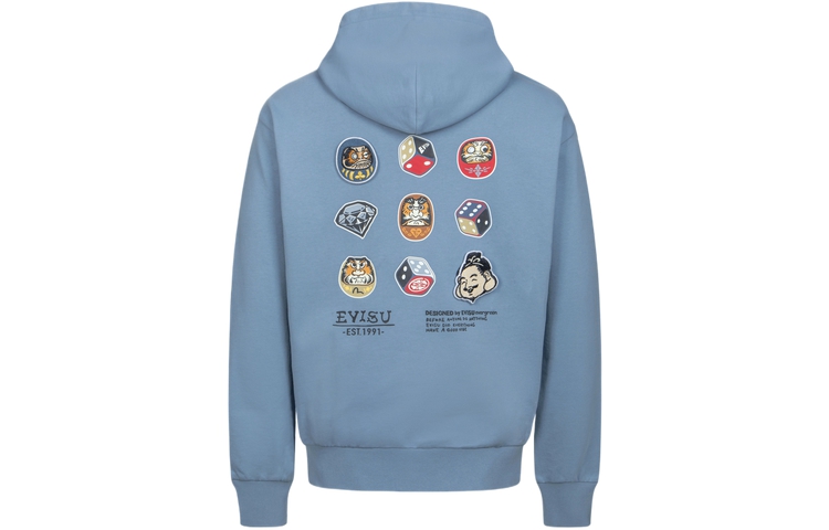 EVISU SS24  Gray-Blue Hoodie with Buddha Print and Applique. 2ESHTM4SW1049RXCT
