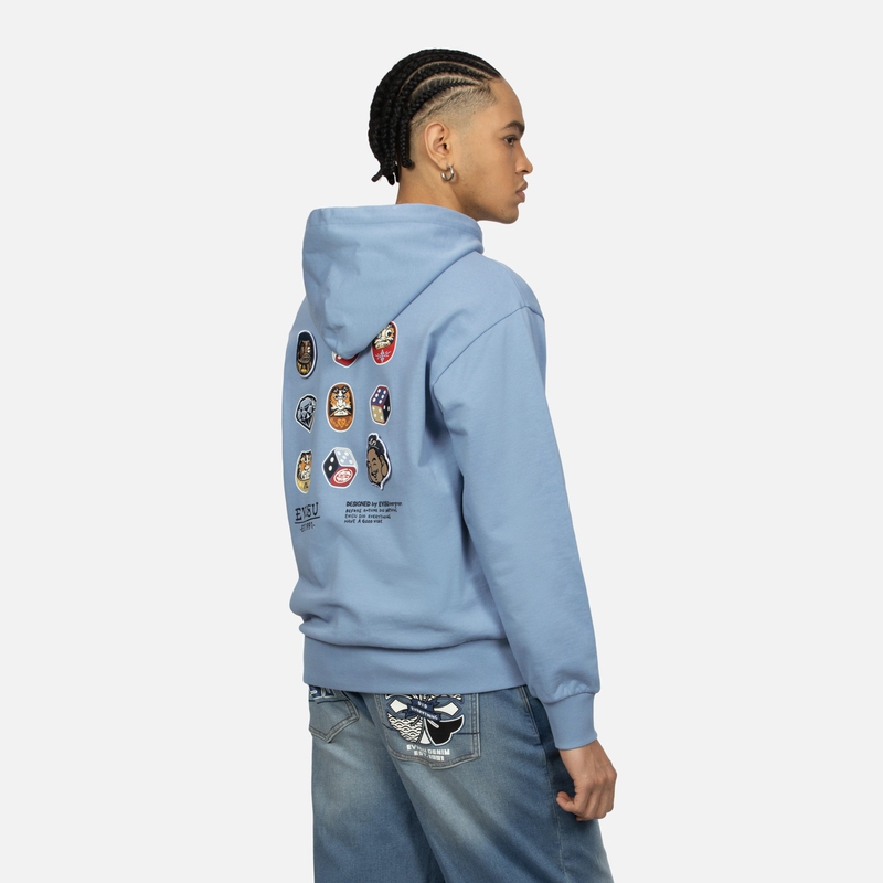 Shop 에비수 SS24 그레이-블루 부처 프린트와 아플리케 후디. 2ESHTM4SW1049RXCT