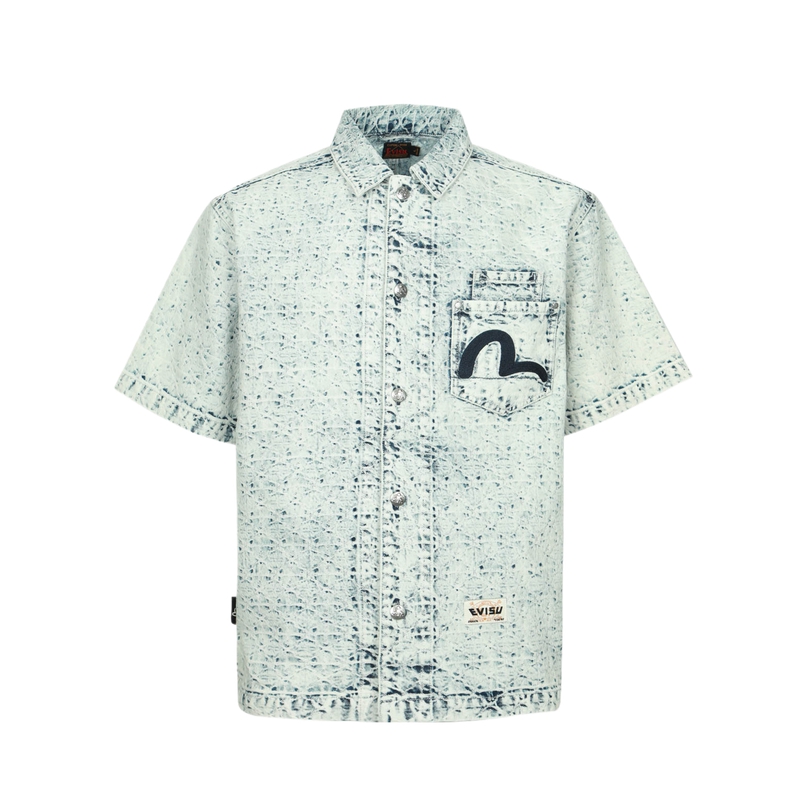 EVISU SS24  Loose Denim Short-Sleeve Shirt with Jacquard & Seagull Design. 2ESHTM4DI8015BZDN