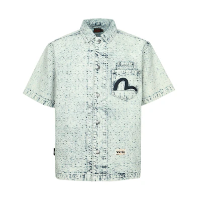 EVISU SS24 Loose Denim Short-Sleeve Shirt with Jacquard & Seagull Design. 2ESHTM4DI8015BZDN