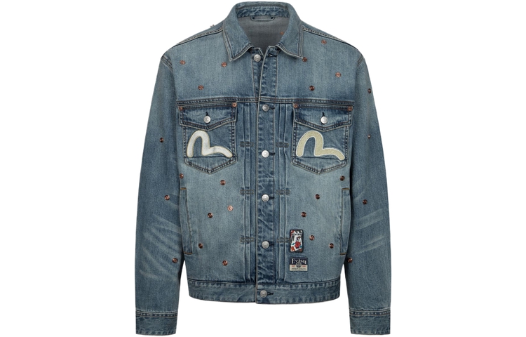 EVISU SS24  Oversized Denim Jacket with Rivets & Seagull Patches - Blue 2ESHTM4DJ1005RXDN