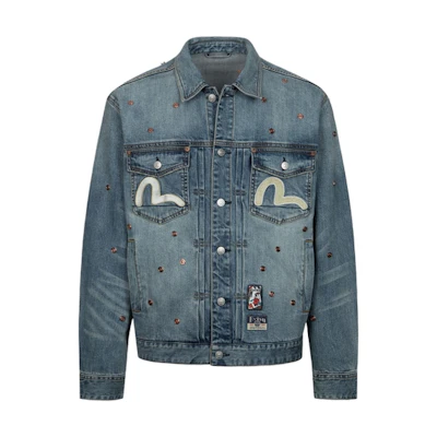 EVISU SS24 Oversized Denim Jacket with Rivets & Seagull Patches - Blue 2ESHTM4DJ1005RXDN