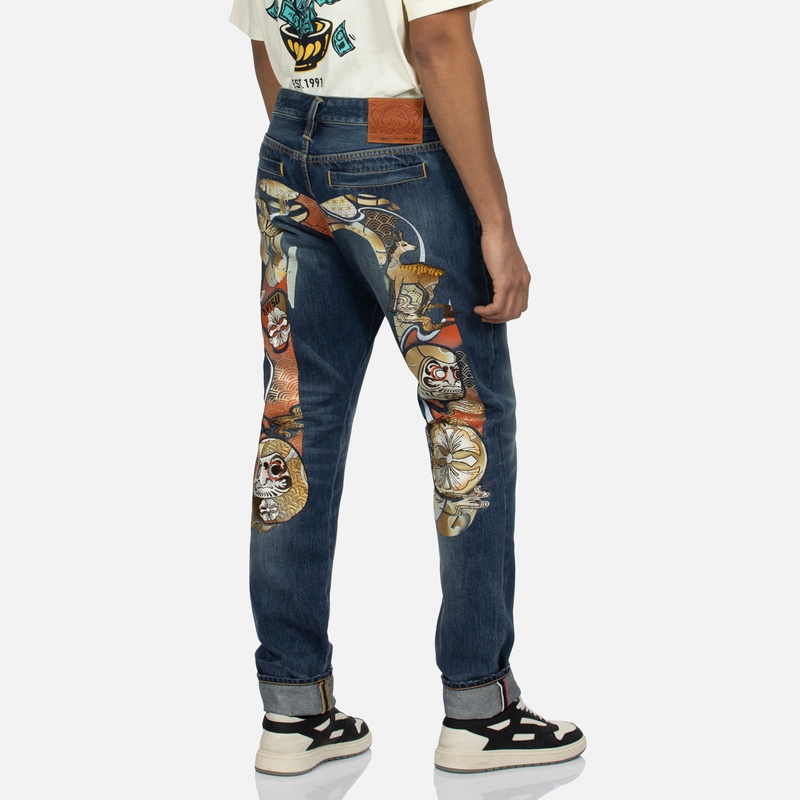 Shop EVISU SS24 藍色牛仔花卉佛祖刺繡直筒牛仔褲 2ESHTM4JE103217DN