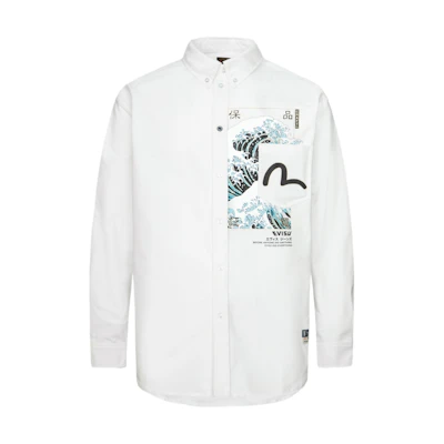 EVISU SS24 White Long Sleeve Shirt with Japanese Wave & Seagull Print 2ESHTM4SL7091RXCT