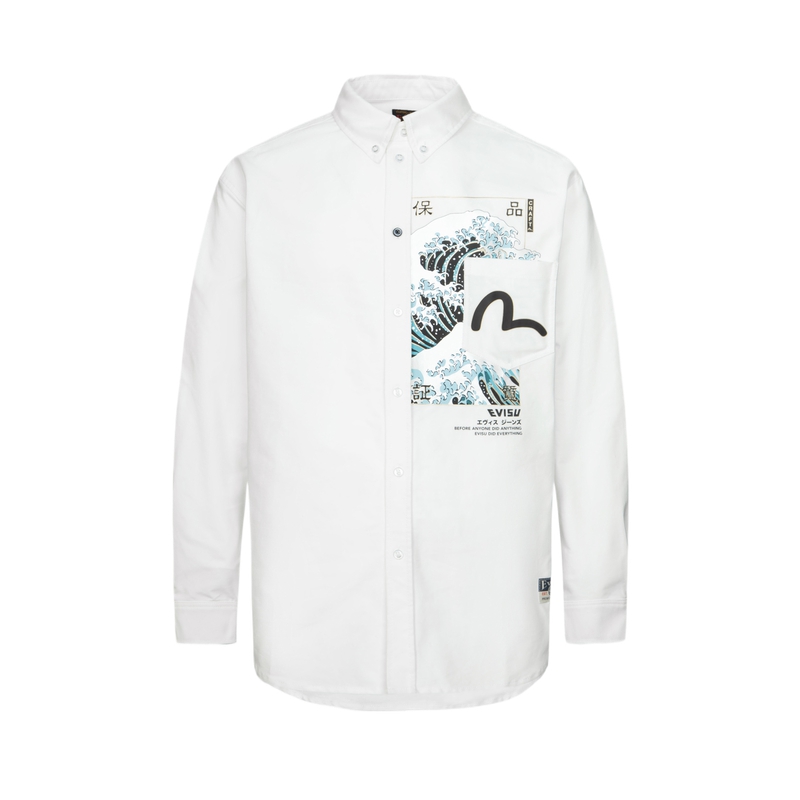Order EVISU SS24 Camisa Blanca de Manga Larga con Ola Japonesa y Gaviota. 2ESHTM4SL7091RXCT