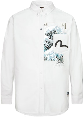 EVISU SS24 Camisa Blanca de Manga Larga con Ola Japonesa y Gaviota. 2ESHTM4SL7091RXCT Order EVISU SS24 Camisa Blanca de Manga Larga con Ola Japonesa y Gaviota. 2ESHTM4SL7091RXCT