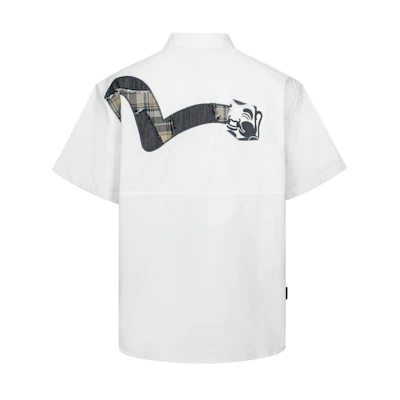 EVISU SS24 White Loose Fit Shirt with Buddha Print & Patchwork Seagull. 2ESHTM4SS8020LFCT