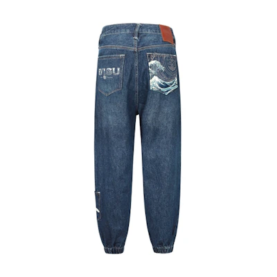EVISU SS24 Wide-Leg Jeans Japanese Wave & Logo Print - Denim Blue 2ESHTM4JO7039LFDN