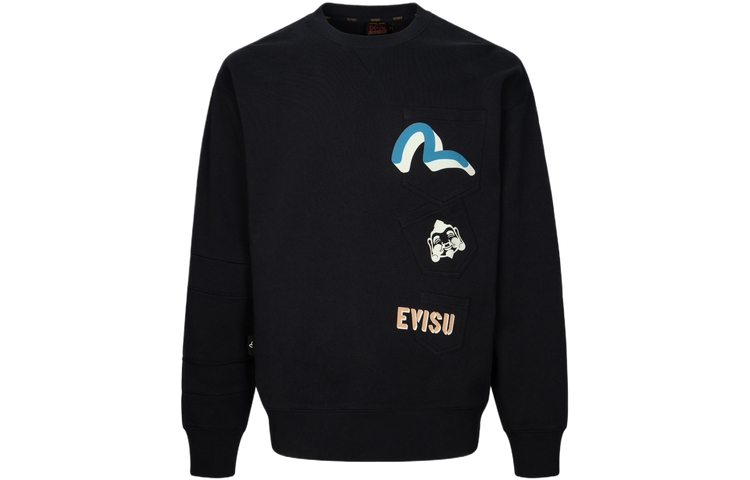 EVISU SS24 Black Multi-Pocket Sweatshirt with Seagull & Buddha Print for Men. 2ESHTM4SW8044LFCT