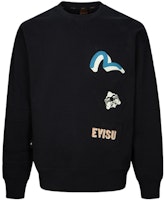 EVISU SS24 Black Multi-Pocket Sweatshirt with Seagull & Buddha Print for Men. 2ESHTM4SW8044LFCT EVISU SS24 Black Multi-Pocket Sweatshirt with Seagull & Buddha Print for Men. 2ESHTM4SW8044LFCT