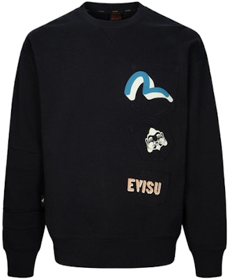 EVISU SS24 Baju Hitam Multi-Poket Lelaki dengan Cetakan Seagull & Buddha. 2ESHTM4SW8044LFCT Buy EVISU SS24 Baju Hitam Multi-Poket Lelaki dengan Cetakan Seagull & Buddha. 2ESHTM4SW8044LFCT