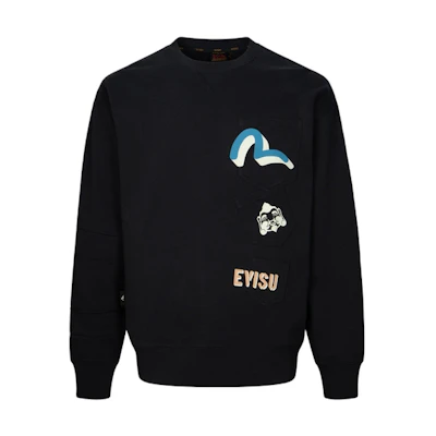 EVISU SS24 Black Multi-Pocket Sweatshirt with Seagull & Buddha Print for Men. 2ESHTM4SW8044LFCT