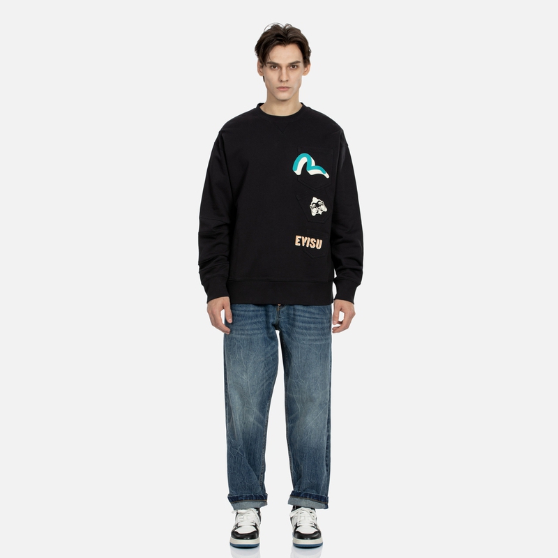 Details for EVISU SS24 Baju Hitam Multi-Poket Lelaki dengan Cetakan Seagull & Buddha. 2ESHTM4SW8044LFCT