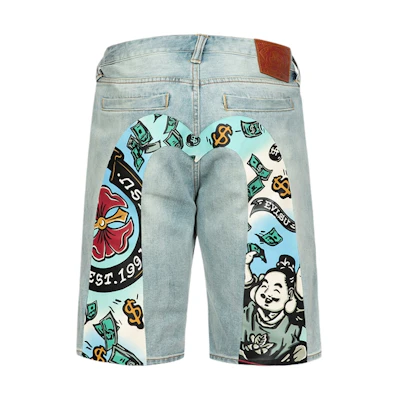 EVISU SS24 Buddha & Kamon Graphic Big M Denim Shorts - Denim Blue 2ESHTM4DS1046XXDN