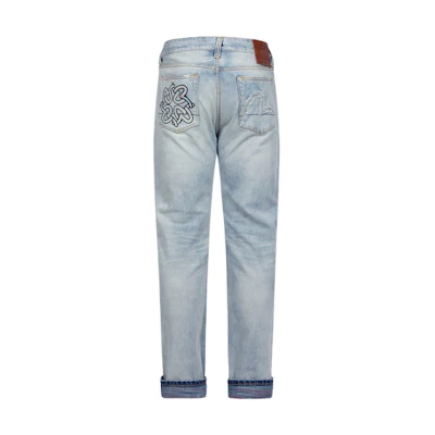 EVISU SS24 Distressed Straight-Leg Jeans with Seagull Design in Denim Blue Men. 2ESHTM4JE103910DN