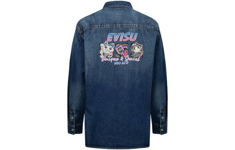 EVISU SS24 Embossed Logo Pocket Denim Shirt Unisex - Denim Blue. 2ESHTW4SL4106BFDN