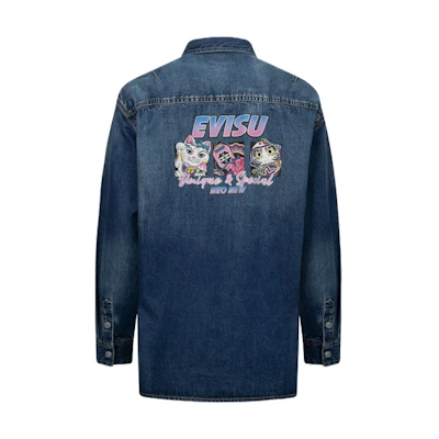 EVISU SS24 Embossed Logo Pocket Denim Shirt Unisex - Denim Blue. 2ESHTW4SL4106BFDN