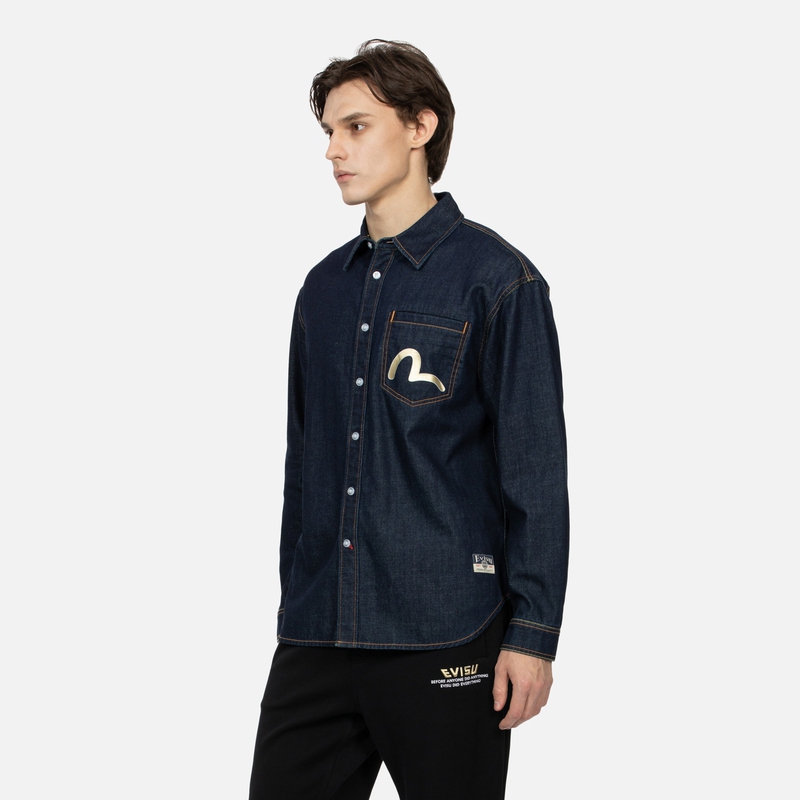 Purchase EVISU SS24 神奈川衝浪M印花寬鬆牛仔襯衫 牛仔藍 2ESHTM4DL7012RXDN