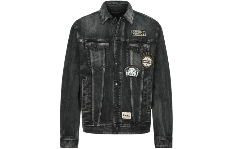 Lookbook Chaqueta de Mezclilla Negra EVISU SS24 con Parches Bordados Múltiples. 2ESHTM4DJ8003RXDP