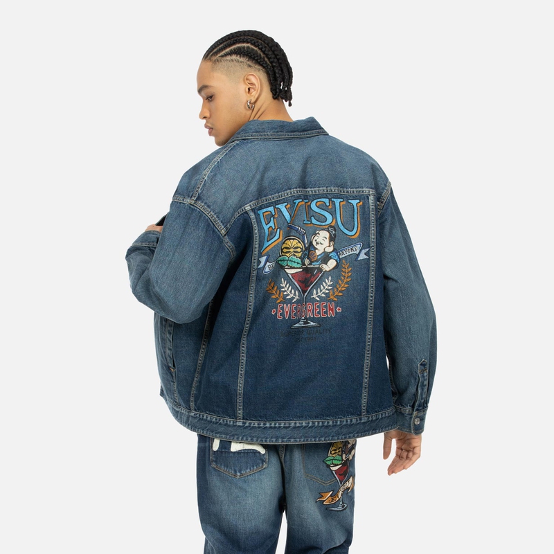 Shop EVISU SS24 男士趣味佛头印花宽松牛仔衬衫夹克. 2ESHTM4SJ1013LFDN