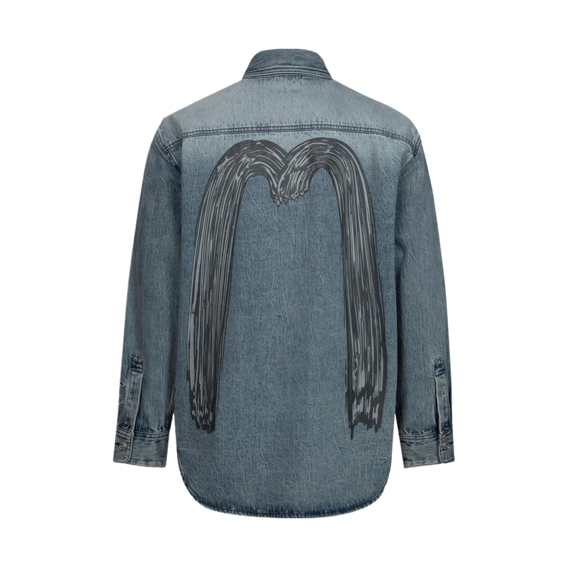 EVISU SS24 Seagull & Big M Print Shirt Jacket Men’s Denim Gray 2ESHTM4SJ1012XXDN