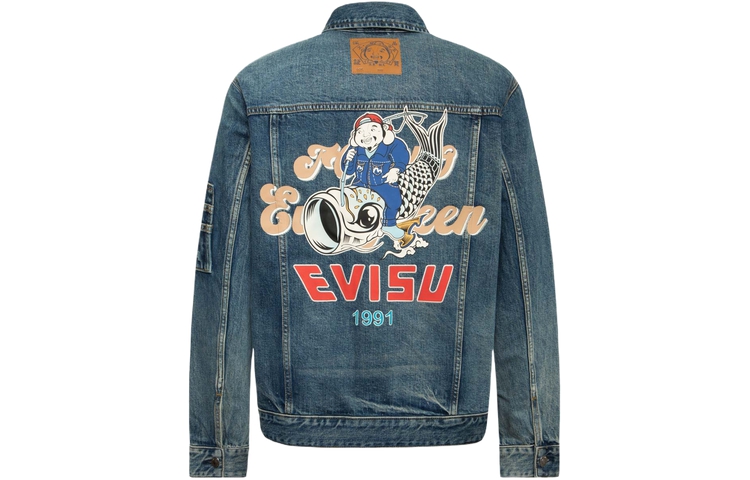 EVISU SS24 Seagull Embroidery Buddha Print Loose Denim Jacket Men Denim Blue 2ESHTM4DJ8001RXDN