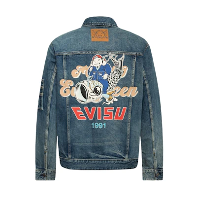 EVISU SS24 Seagull Embroidery Buddha Print Loose Denim Jacket Men Denim Blue 2ESHTM4DJ8001RXDN