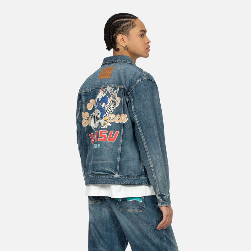 Shop EVISU SS24 海鷗刺繡佛印寬鬆牛仔外套 男士 丹寧藍 2ESHTM4DJ8001RXDN