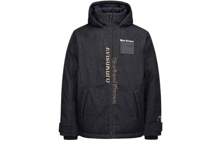 EVISU Ukiyo-e Embroidered Patchwork Denim Puffer Jacket Black Men’s 2EAGNM1NJ752XXCT