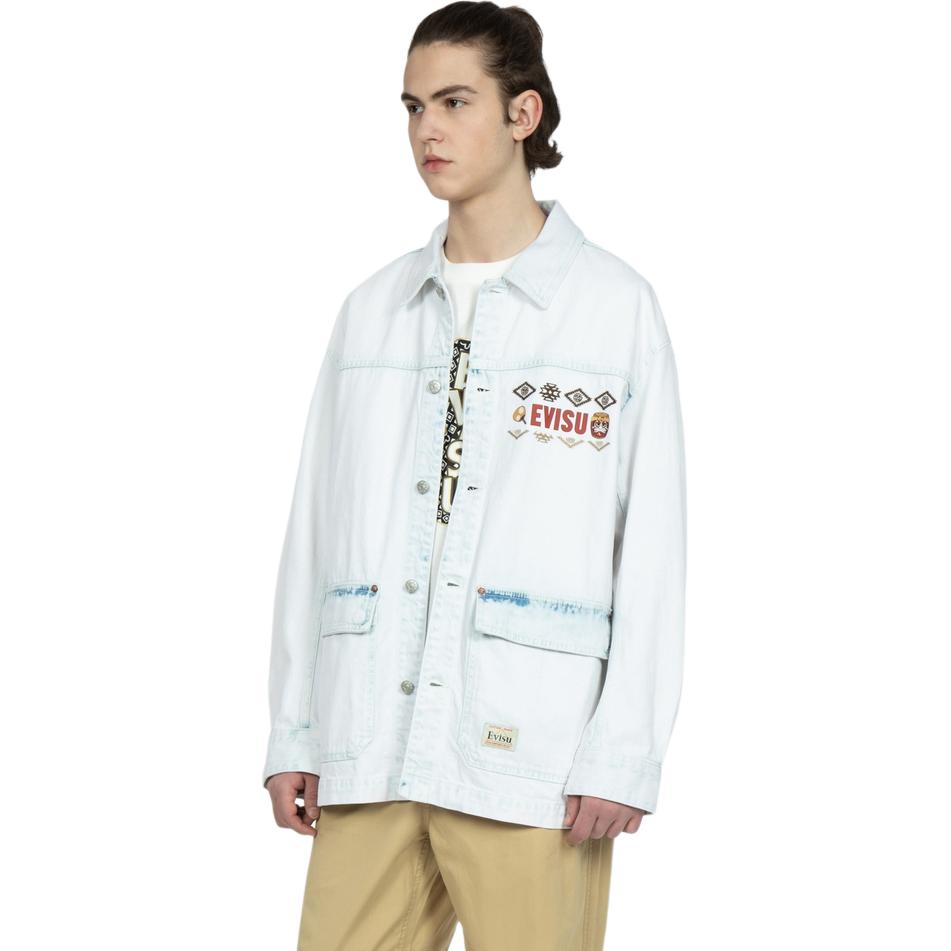 Shop Kemeja Lengan Panjang Denim Biru Unisex EVISU dengan Cetakan Logo. 2ESHTM3SJ718XXDN
