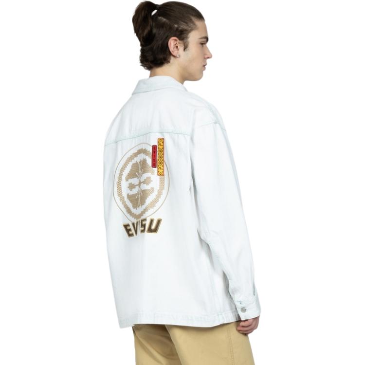 Sizing Kemeja Lengan Panjang Denim Biru Unisex EVISU dengan Cetakan Logo. 2ESHTM3SJ718XXDN